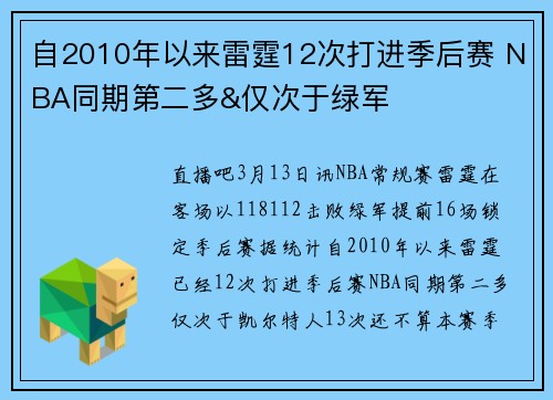 自2010年以来雷霆12次打进季后赛 NBA同期第二多&仅次于绿军